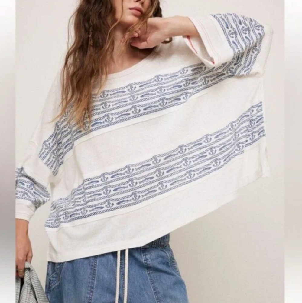 Free People We the Free Care FP High Seas Tee in Ivory Combo Large EUC